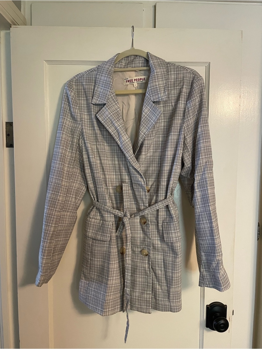 Free People Light Gray Plaid Belted Blazer